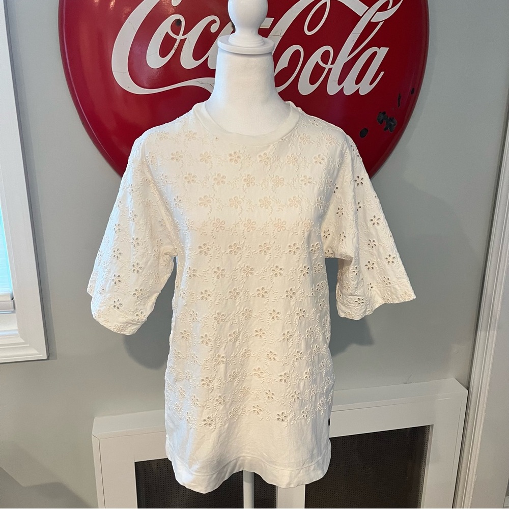 Moncler Embroidered Eyelet Cream Cotton T Shirt, Women’s 6